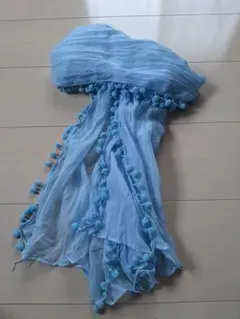 【新品未使用】ストール ショール 水色 フリンジ ポンポン