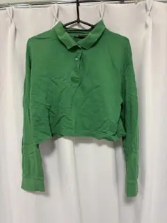 緑色 ショート丈クロップド長袖ポロシャツ