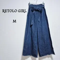 レトロガール　ワイドデニム　フリンジ　ウエストゴム　インディゴブルー　M