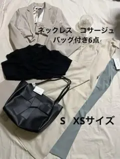 スーツセット　セットアップ　綺麗めコーデ　バッグ　ネックレスコサージュ付き　6点