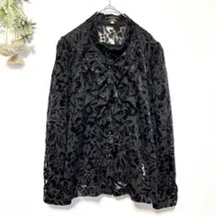 レリアン｜極美品✨フリルネック花柄シアーブラウス｜シースルー｜ラメ｜ブラック｜Lのサムネイル