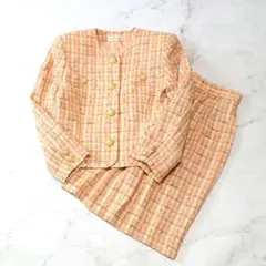 ★c バブリースーツ セットアップ 金ボタン ツイード リボン ノーカラーピンク