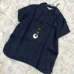 クミキョク シャツ ブラウス リネン Ｍ　ネイビー 洗える 麻 通気性