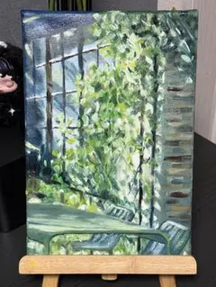 「陽のあたるカフェ屋さん」　手描き　油絵　風景画　原画　油彩画　印象派