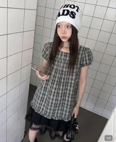 SHEIN チェック柄 パフスリーブ ミニワンピース
