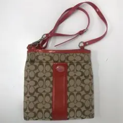 COACH シグネチャーストライプ なめがけショルダーバッグ レッド