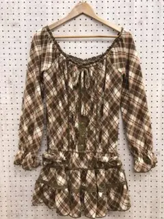 姫ギャル 古着 LIZLISA チェック オフショルダーチュニックワンピース