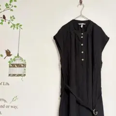 H&M/リングベルト付きシャツワンピース フレンチスリーブ 金ボタン 黒 L