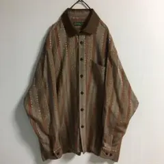 日本製 90s 古着 ジャガード 猫目ボタン リブ襟 ポリレーヨンシャツ L