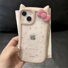 猫耳リボン付きiPhone 13pro 用ケース（ピンク&水玉）