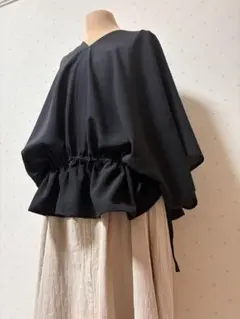 着物リメイク 絽の着物 DE ウエストドロスト ポンチョ Vネックブラウス 