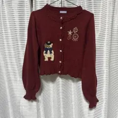 クマ刺繍入りバーガンディ長袖カーディガンのサムネイル