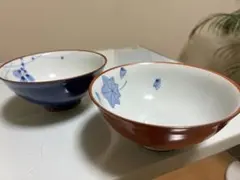 飯碗 2個セット 藍色 赤色 陶器