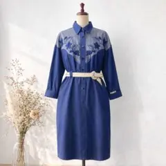90s 花刺繍シャツワンピース 日本製 シルク混 レトロ デニム風 ブルー F
