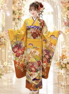 やまと謹製 総刺繍 花車文様 振袖 小柄向き ジュニアサイズ 正絹