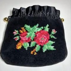 フェイラー 花柄刺繍 黒 巾着ポーチ