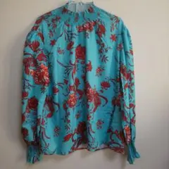 ターコイズ 花柄 ブラウス XXLサイズ