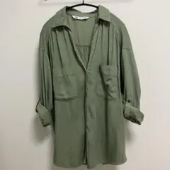 ZARA オリーブグリーン ロールアップ 長袖シャツ M