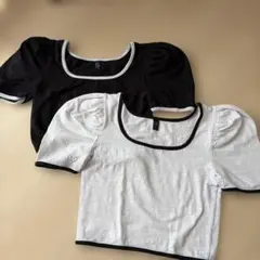 美品パフスリーブ 半袖トップス 2色セットTシャツ