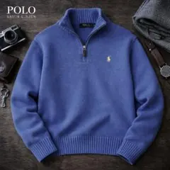 ポロラルフローレン ハーフジップ ニット ブルー レザー引手 日本M相当