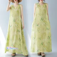 プリントワンピース ノースリーブ 涼しい マキシ丈 ラウンドネック 夏物新作