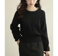 セゾンドパピヨン　ハイウエスト切り替えパール付きニットプルオーバー