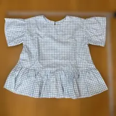 水色ギンガムチェックフレアスリーブトップス