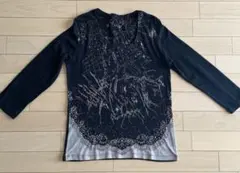 20471120◎長袖カットソー流水紋ブラック和柄Tシャツ渦巻きクルー