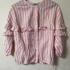 ニコアンド　フリル付きピンクストライプ7分袖ブラウス