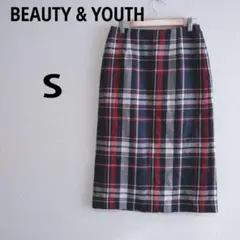【ビューティーアンドユース】ウール　チェック　スカート　ミドル丈　S　ネイビー