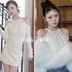 新品タグ付 ダーリッチ アイボリー F リボンビジューアメスリニットトップス