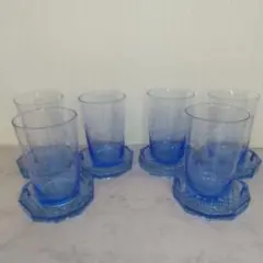 【レトロ】青いガラス製コップとコースターセット（3.3.6セット)