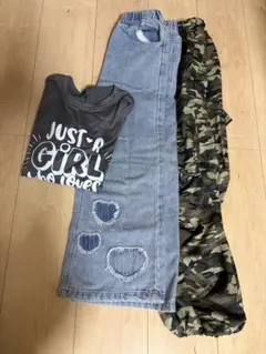 SHEEN デニムロングパンツ・迷彩柄・長袖Tシャツセット