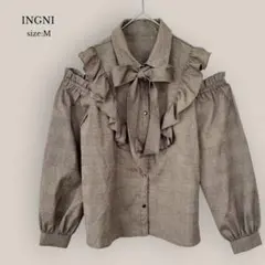 イングINGNI✨美品✨肩開きボウタイブラウス チェック　長袖　2wayのサムネイル