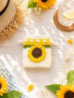 ハンドメイド ひまわりモチーフ 巾着袋 かぎ針編み - メルカリ