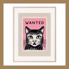 P703アートポスター ミッドセンチュリー インテリア ピンク 猫 WANTED