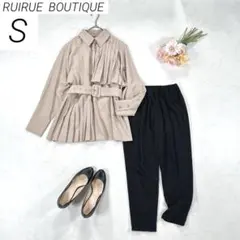 ルイルエ　プリーツロングシャツ　パンツ　ベルト　通勤　オフィス　ベージュ　黒　S