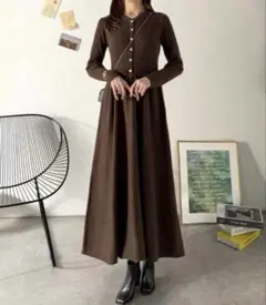 ClassicalElf ウエストリボンニットワンピース（ロング丈）