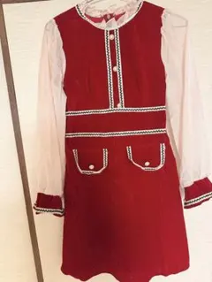 赤いスエード風シフォン長袖ワンピース