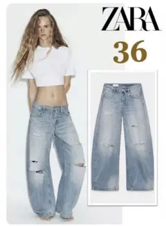 ZARA】32 ○#TRF ダメージ加工バギーミッドライズデニムパンツ