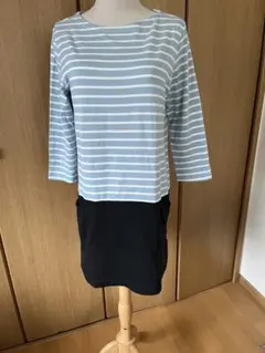 チュニックワンピース　トップス 水色と白ボーダー×黒L