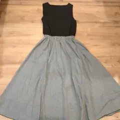 【美品】ノースリーブ ブラック チェック柄 ドッキングロングワンピース　フリー