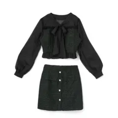 GRLツイードボウタイフリルブラウス×台形ミニスカートセットアップ ac1969