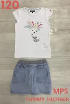 120 女の子　トミー　Tシャツ　スカート　インナーパンツ　デニム　白　MPS