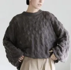 セレクトモカ　モヘアドロップ編みオーバー　ニット　グレー　バルーンスリーブ