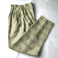 ［薄手］オリーブグリーン チェック柄 レディースパンツ　ウエスト60cm裏地付