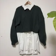 ダークグリーン クロップドニット セーター&チュニックシャツ