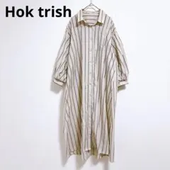 Hok trish】シャツワンピース　ロングワンピース　ストライプ　ベージュ　黒