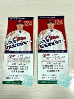 カープ（ソフトバンク戦）チケット２枚　6月19日 ファーム 6/19 広島カープ対ソフトバンクホークス 自由席招待券 2枚