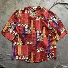 一点物 80s 総柄シャツ アート柄 マルチカラー レッド系 レトロ 古着